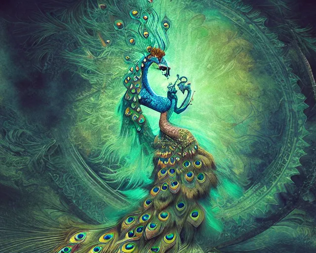 Prompt: dragon peacock. intricate, centered, amazing composition by amano yoshitaka, by rembrandt, illustrious makinami, digital art, digital painting, artstation trending, unreal engine, fractal flame, transparent jellyfish, transparent feathers, bio luminescent, ice, water,