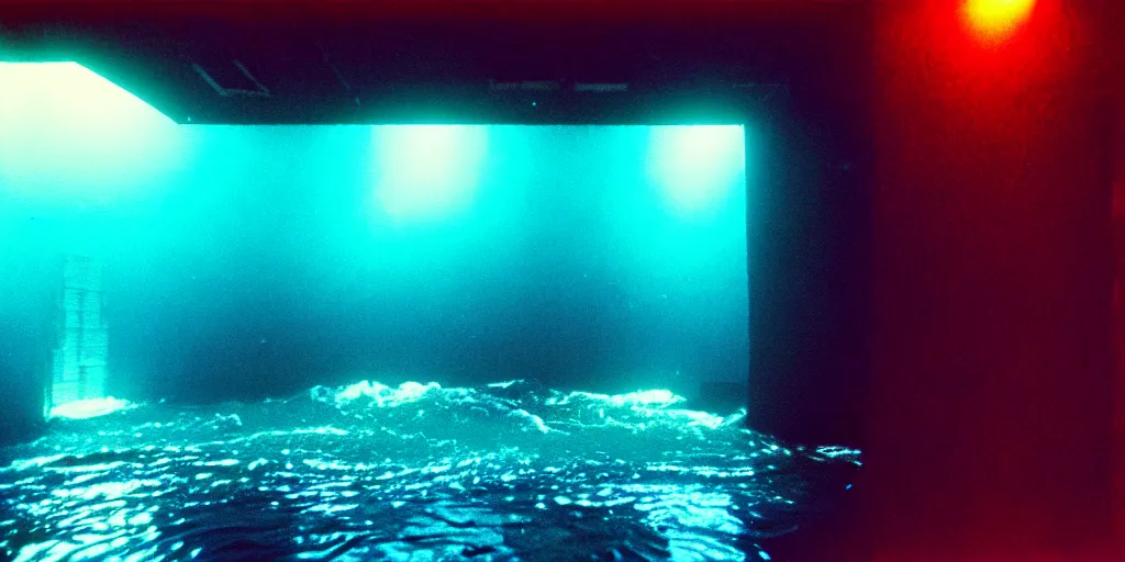 Image similar to underwater footage of a portal at the end of a tokyo alley, thunderstorm and heavy rain, non - euclidean, neon lights, ektachrome photograph, volumetric lighting, f 8 aperture, cinematic eastman 5 3 8 4 film