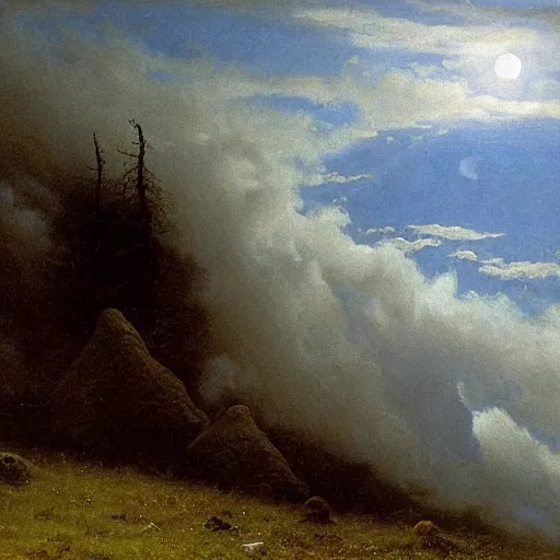 Prompt: clouds, volumetric, canvas, very detailed, oil painting, canvas, Albert Bierstadt, Theodor Kittelsen