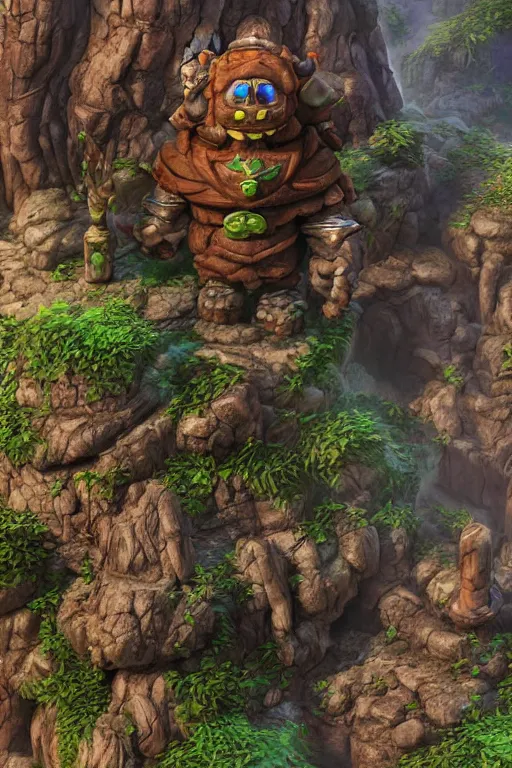 Image similar to zelda fantasy art giant golem troll wood rock greeble gemstone, global illumination ray tracing hdr fanart arstation by sung choi and eric pfeiffer and gabriel garza and casper konefal