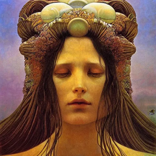 Image similar to queen of jupiter by zdzisław beksinski and alphonse mucha. highly detailed, hyper - real, beautiful