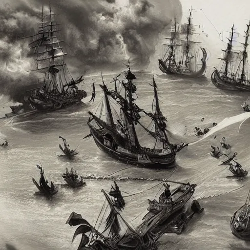 Image similar to close up of biggest pirate battle ever, pencil sketch, realistic shaded, fine details, realistic shaded lighting poster by greg rutkowski