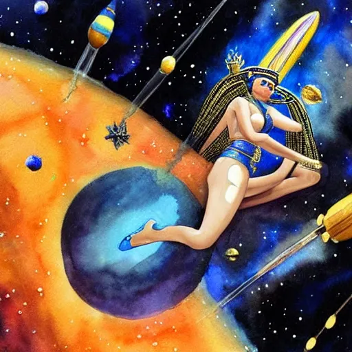 Prompt: cleopatra in space. watercolor. dramatic. amazing painting. formal. beautiful. high resolution. highly realistic. close - up. trending on artstation