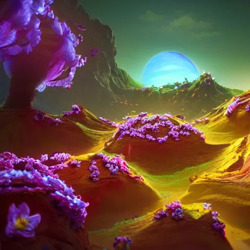 Image similar to an epic flowering alien landscape in the style of origami, 8 k, cinematic light, artstation