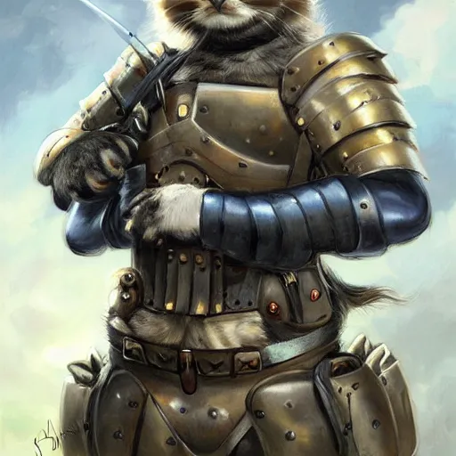 Image similar to portrait of a british longhair cat sodier with armor in the war, by stanely artgerm