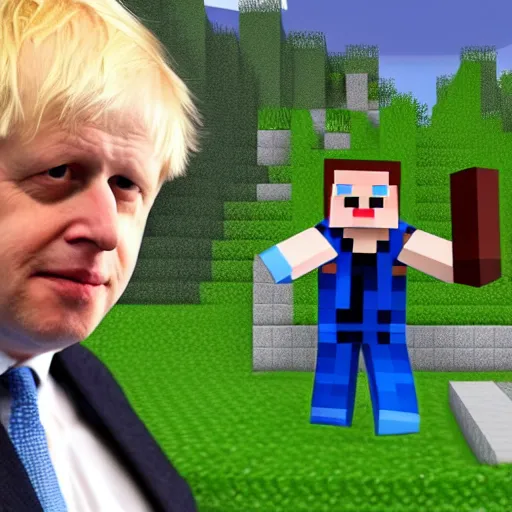 Prompt: boris johnson as minecraft figure fighting against creeper in intricate base, ultra detail