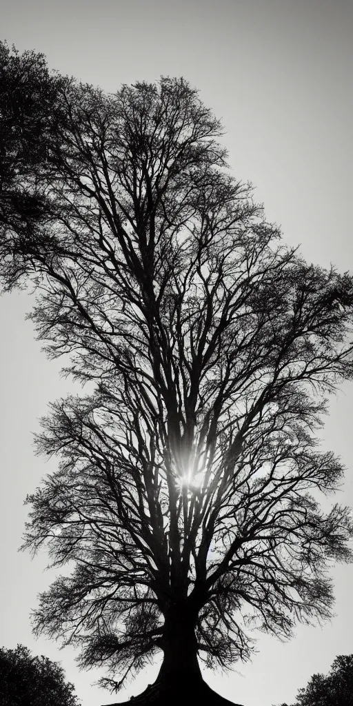 Prompt: the world tree standing tall on a lonely hill, photorealism, sunshaft