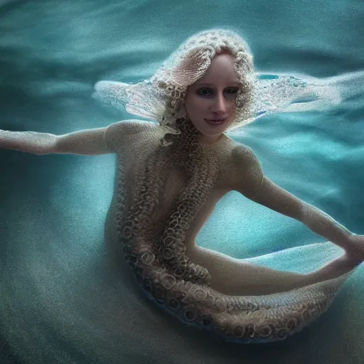 Image similar to kodak film, symmetrical balance, soft blur light, volumetric lighting, highly detailed, britt marling style 3 / 4, a octopus woman in the water in style o f annie leibovitz, highly detailed, interstellar outdoor soft pastel mute colors scheme, hyper realistic, photo realistic