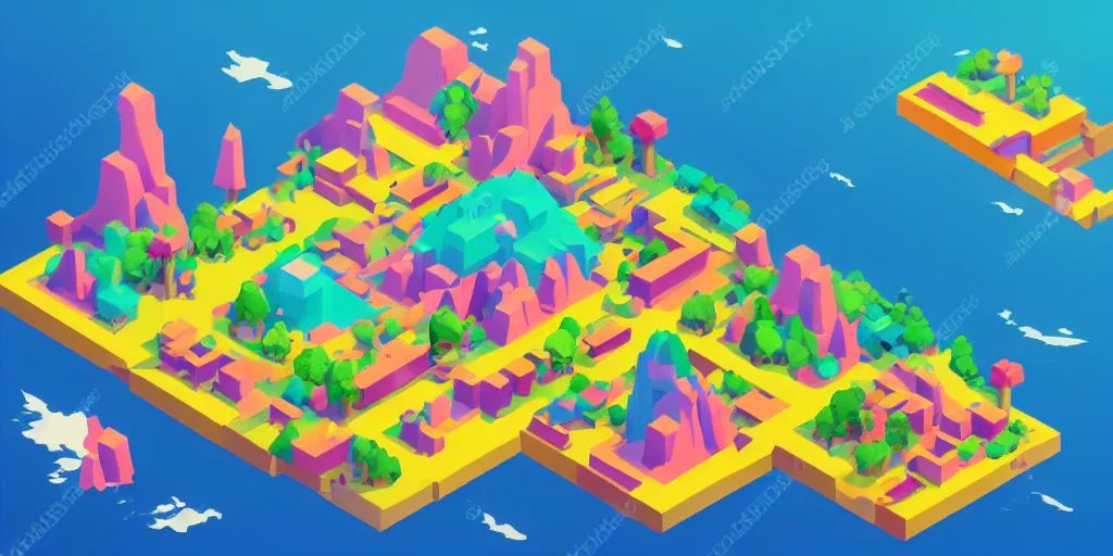 Image similar to an isometric colorful videogame world, epic mountains, azure ocean in the background, blocks