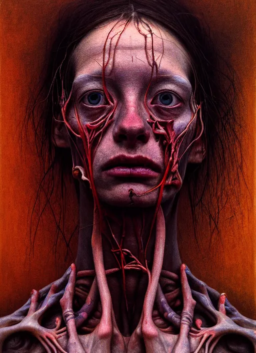 Image similar to there is ugliness in beauty, but there is also beauty in ugliness detailed portrait painting inspired by beksinski and alex gray, accurate anatomy, vintage, anamorphic lens, anamorphic lens flares, kodakchrome, cinematic composition, award winning photo, by jenny saville. 8 k