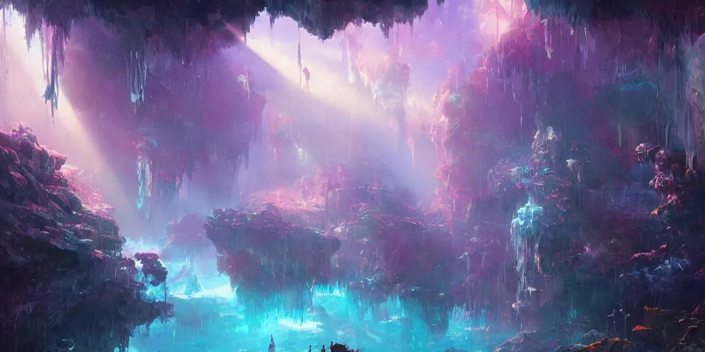 Image similar to ”mysterious crystal cavern fantasy landscape, [crepuscular rays, pools of water, rope bridges, colorful, art by wlop and paul lehr]”