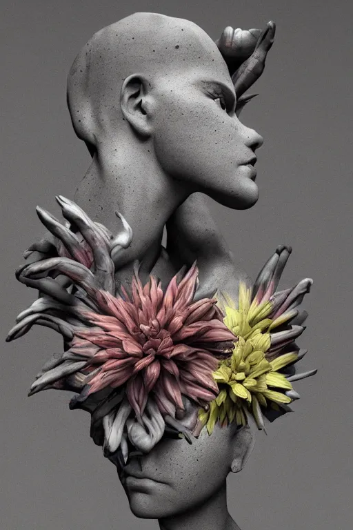 Prompt: Hyper realistic concrete sculpture made with rainbow Dahlia flowers, Cinematic lighting, ultra good realistic 3D render by Gerald Brom, I can't believe how abstract this is, 8k