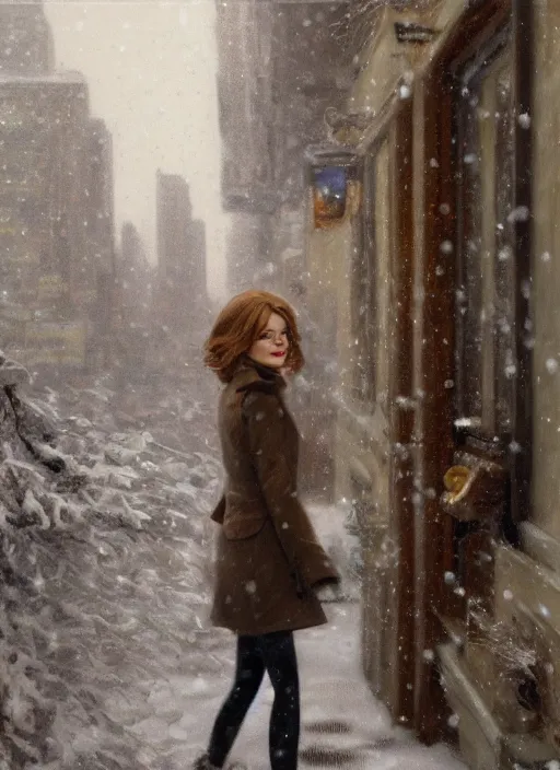 Prompt: back of emma stone in beige coat, walking into new york apartment building in winter, close up of wreath on door, snow, artwork by gaston bussiere, craig mullins, trending on artstation