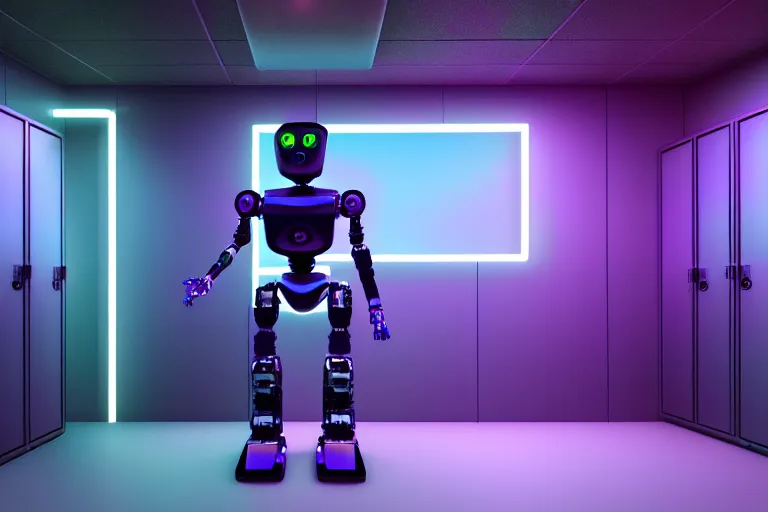 Image similar to full body robot picture, background is data server room, neon and dark, purple and blue color scheme, by dan mumford, global illumination ray tracing hdr render in unreal engine 5