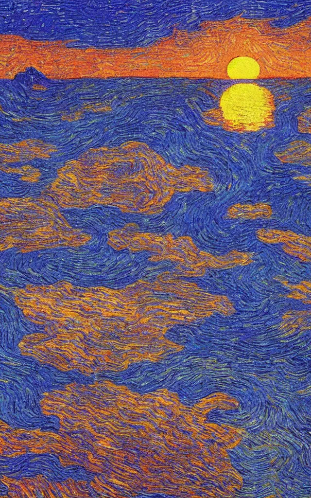 Image similar to sunset on a lake by a mountain. cubes and tesseracts. retro art by jean giraud and van gogh.