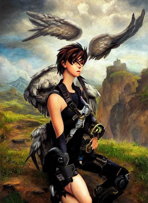 Prompt: oil painting of tracer overwatch in the style of sophie anderson, on knees, angel wings, black outfit, dramatic painting,