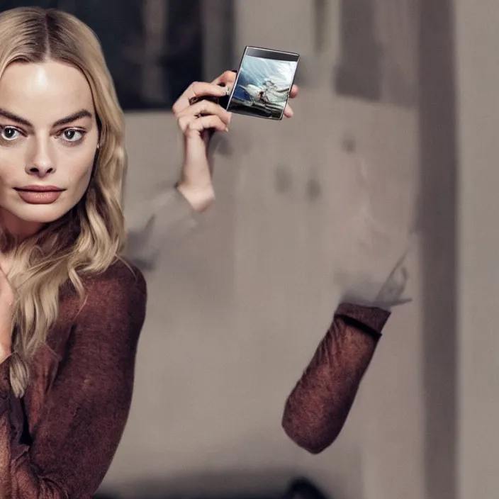 Image similar to margot robbie, holding iphone. very coherent symmetrical artwork. cinematic, high detail, octane render, 8 k, iridescent accents