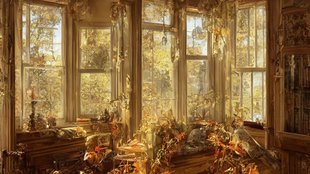 Prompt: richly decorated Victorian house, beautiful, detailed wood, photorealistic, photorealism, the autumn light comes in through a window, diffuse light, cybernetics
