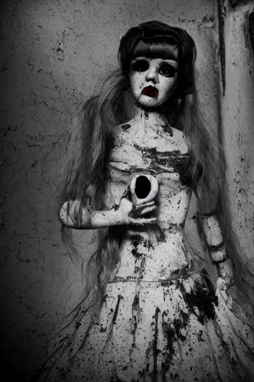 Image similar to dirty cracked screaming vintage doll maggots in eyes in darkly lit dusty basement cobwebs richard avendon photo