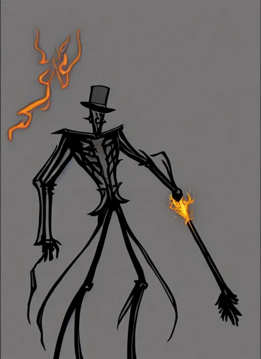 Image similar to DND character concept, Tall skeletal figure, wearing a deep black suit!!! and tie and top hat, holding a golden cane. Surrounded by light blue!!! flames!!