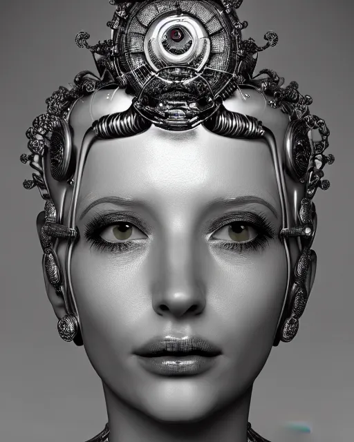 Prompt: mythical black and white organic bio-mechanical spinal ribbed profile face portrait detail of silver mechanical beautiful female angelic-queen-vegetal-cyborg, highly detailed, intricate steampunk flower and diamonds and gemstones ornate, poetic, 3D render, digital art, octane render, 8K artistic photography, photo-realistic, by Dora Maar