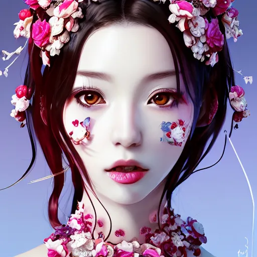 Prompt: the portrait of the absurdly beautiful, graceful, elegant, gorgeous, fashionable photorealistic anime idol woman made of cherries and white petals with tears, an ultrafine hyperdetailed illustration by kim jung gi, irakli nadar, intricate linework, bright colors, octopath traveler, final fantasy, unreal engine highly rendered, global illumination, radiant light, intricate environment