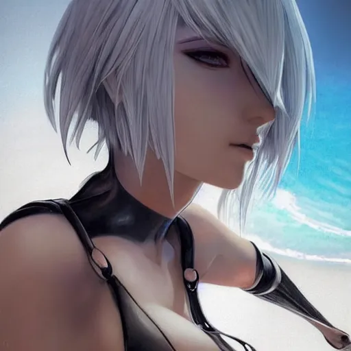 Prompt: pencil drawing of 2 b nier automata wearing a latex suit in a beach, beautiful piercing eyes, hyper realistic face, in the style of greg rutkowski, fantasy, amazing detail, epic, elegant, smooth