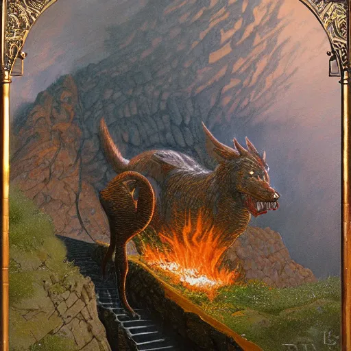 Image similar to Highly detailed oil painting of a fire hellhound on a narrow rock bridge, underground, intricate artwork by Angus McBride, John Howe, Matthew Stewart, Ted Nasmith, heroic fantasy