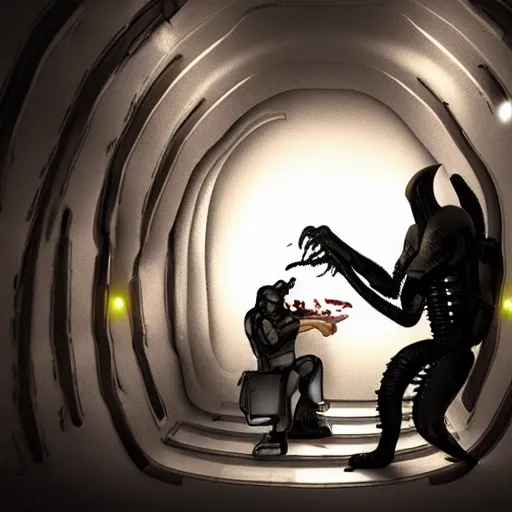 Prompt: xenomorph feeding on crewman in scifi hallway