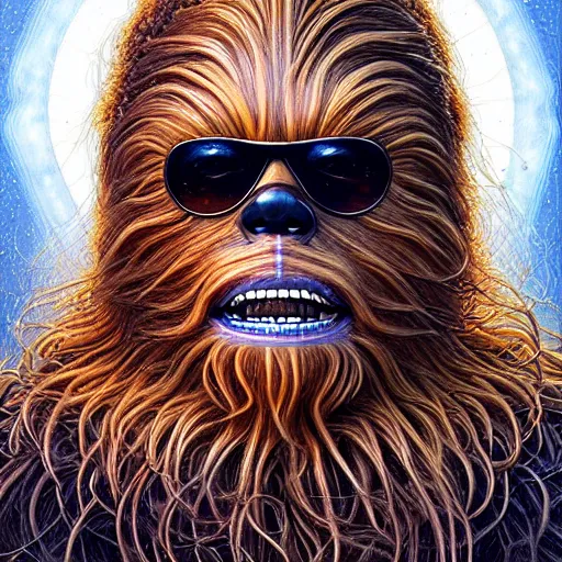 Image similar to hyper detailed masterpiece, chewbacca portrait jean giraud, digital art painting, darkwave goth aesthetic, psychedelic, artgerm, donato giancola, tom bagshaw