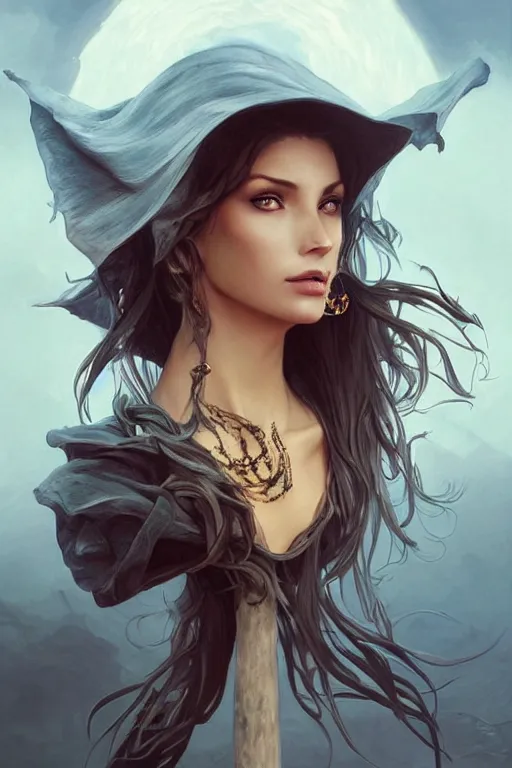 Image similar to a seductive beautiful witch, with a perfect face!!! wind blowing hair and floating, bust portrait, tribal mask and jewelry, dnd, face, fantasy, intricate, elegant, highly detailed, digital painting, artstation, concept art, smooth, sharp focus, illustration, art by artgerm and greg rutkowski and alphonse mucha