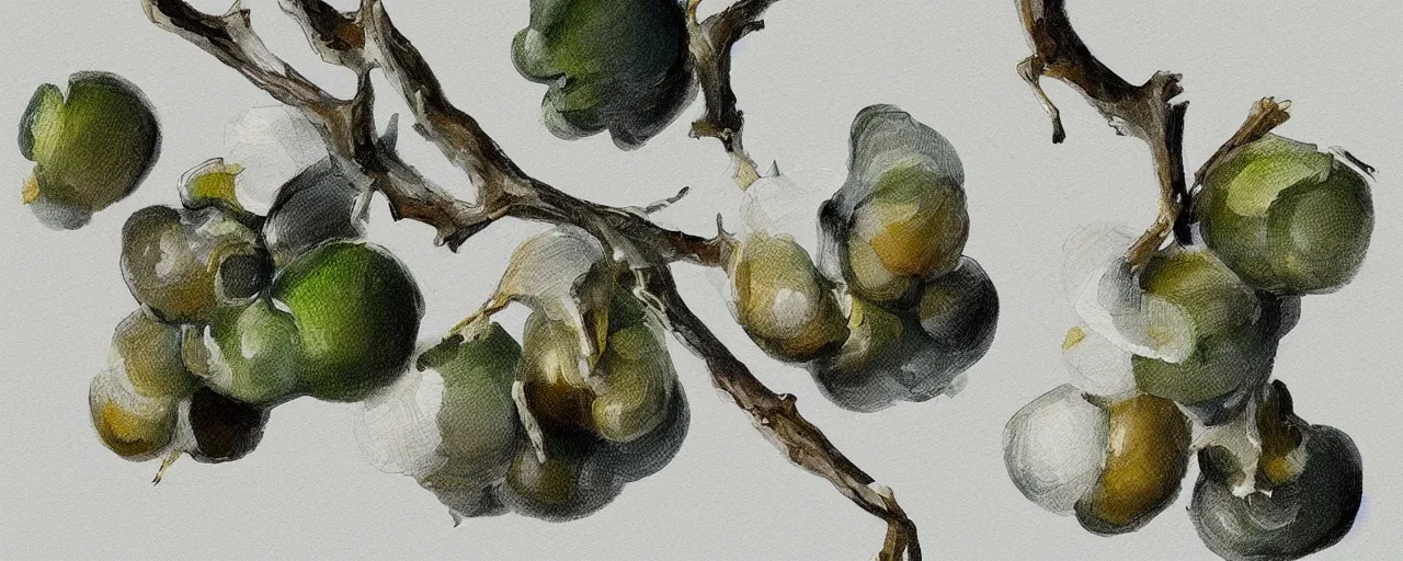 Prompt: white wine grapes and quercus robur english oak acorns, minimalist, highly detailed, digital painting, trending on artstation, concept art, sharp focus, illustration