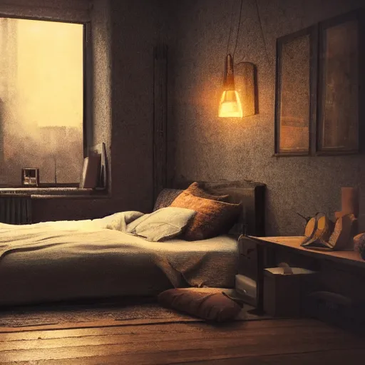 Image similar to cozy rustic bedroom that is dimly lit with a night view of new york in heavy mist, highly detailed, artstation, concept art