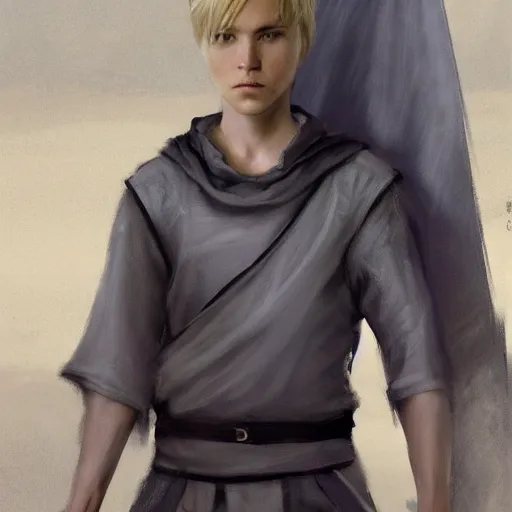 Image similar to a young blonde male jedi with short hair looking away at a threat full body shot concept art by Doug Chiang cinematic concept art, realistic painting, high definition, digital art, matte painting, symmetrical, very detailed, realistic, dramatic lighting, cinematic, establishing shot, extremely high detail, photo realistic, cinematic lighting, post processed, concept art, artstation, matte painting, red color scheme