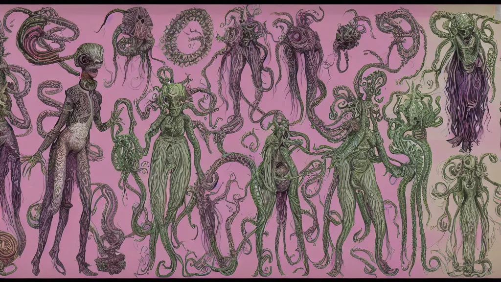 Image similar to highly detailed colorful character sheet for a stocky alien extraterrestrial victorian female servant maid with thick snake - like tentacles instead of hair, long dress with apron, ernst haeckel, jim henson creature shop, coherent, illustration, digital art, trending on artstation, hd, 8 k, good lighting, beautiful, rough paper, masterpiece