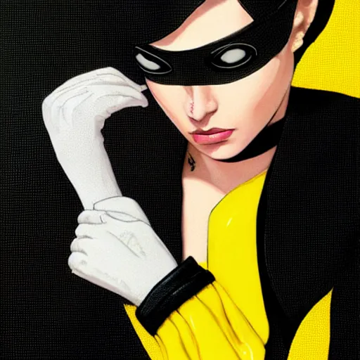 Prompt: slim girl in yellow snake skin tuxedo and black leather gloves with short black hair and with black eye patch, elegant, 2d, ultra highly detailed, digital painting, smooth, sharp focus, artstation, art by Ilya Kuvshinov