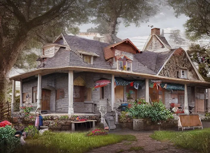 Prompt: ☕🍧🏡👴🏼, lowbrow, matte painting, 3 - d, highly detailed, in the style of mark ryder,