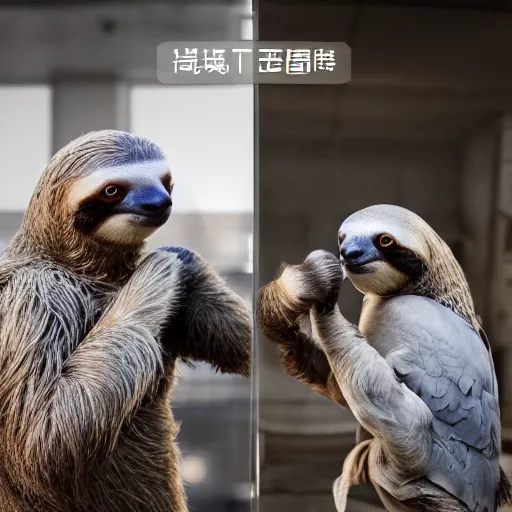 Image similar to sloth fighting a pigeon kung fu style standing, facing each other, aggressive sloth vs a muscled pigeon, best photo award, high quality 8 k, cinematic lighting