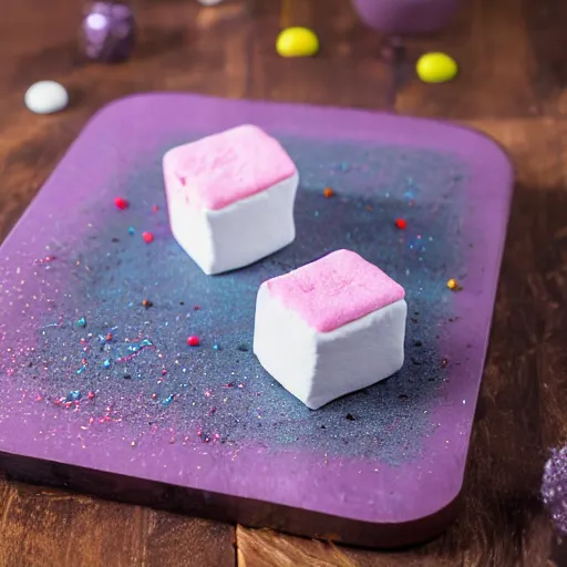 Image similar to photograph of a delicious marshmallow cube with sprinkles on a dark wooden chopping board, pastel colours, hessian cloth, styled food photography, photorealistic, 4 k, canon 1 d, bohek