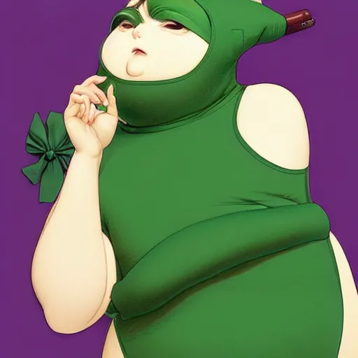 Prompt: masculine fat chonky pigeon in a green onepiece body suit, by Range Murata and Mucha