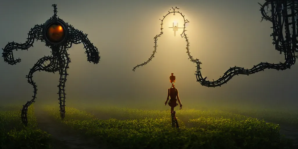 Image similar to a walking mechanical castle with legs, vines, pilar, hyperrealistic, highly detailed, cinematic, single ray of sun, fog, beautiful, cgssociety, artstation, 8 k, oil painting