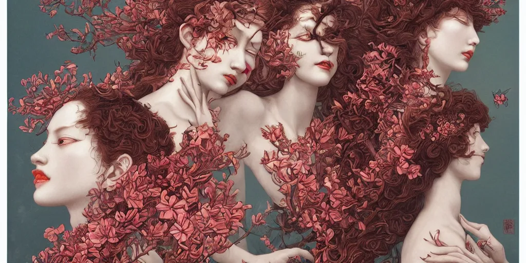 Prompt: breathtaking detailed concept art painting art deco pattern of red short curly hair faces goddesses amalmation flowers with anxious piercing eyes and blend of flowers and birds, by hsiao - ron cheng and john james audubon, bizarre compositions, exquisite detail, extremely moody lighting, 8 k