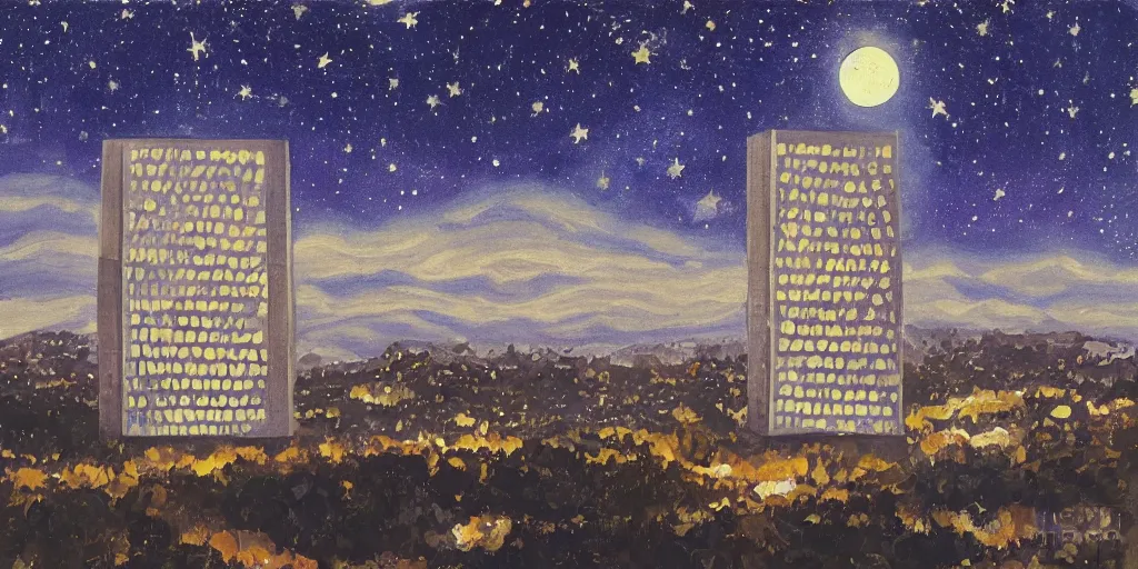 Image similar to stary night painting, norman foster tower, house, city