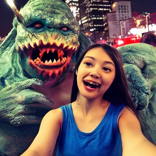 Image similar to a horrifying disfigured monster photobombs a cute girl's selfie at night, 4K