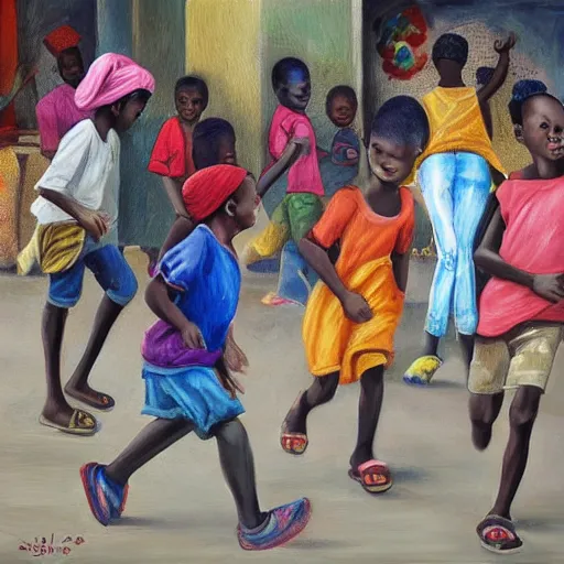 Prompt: young kids in lagos nigeria running playing together in the market realism style painting