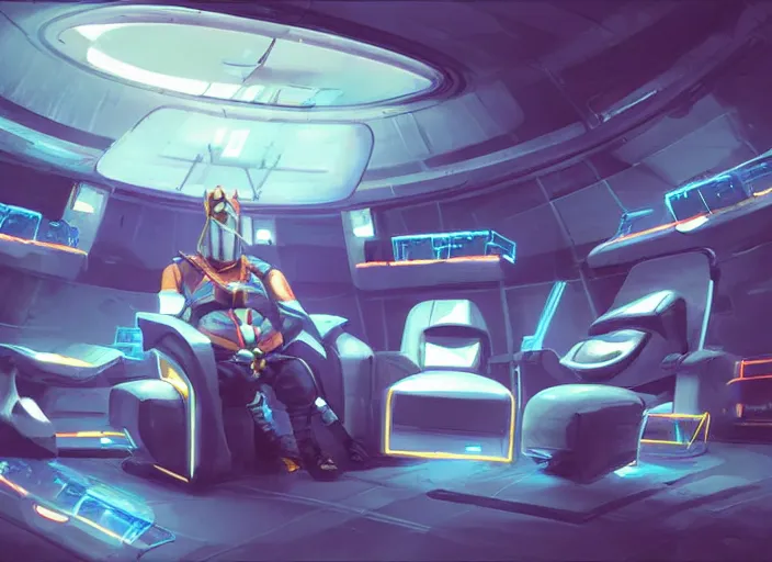 Image similar to a man sitting on a chair with things attached to his head, screens in front of him playing videos, ship interior, futuristic, scifi, concept art, surreal