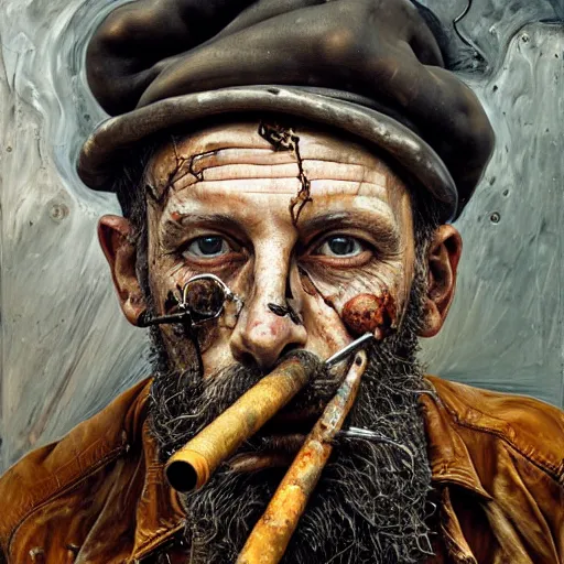 Prompt: an extreme close up portrait a beared wizard smoking a pipe, front angle, by Lucian Freud and Jenny Saville and Anselm Kiefer, oil painting, rust, Scaffolding, rusted metal, iron cladding, decay, mixed media, textured, anatomically correct, beautiful perfect face, visible brushstrokes, sharp focus, Highly Detailed, Cinematic Lighting, 8k, HD