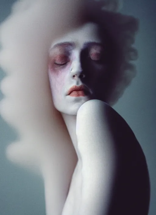 Image similar to cinestill 5 0 d photo portrait of a beautiful hybrid with woman face in style of paolo roversi by roberto ferri, weird marble body, white hair floating in air, 1 5 0 mm lens, f 1. 2, ethereal, emotionally evoking, head in focus, bokeh, volumetric lighting, matt colors outdoor