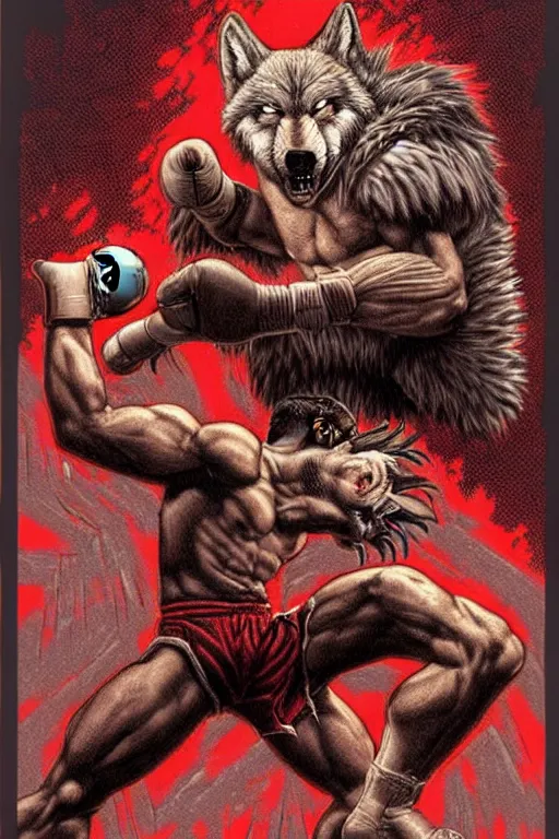 Image similar to extreme long shot. 8 bit nes graphics. antropomorphic muscular masculine wolf. kickboxer fighter, in shorts. wolf head. fine details, art from nes game cartridge, marc simonetti and hermann nitsch