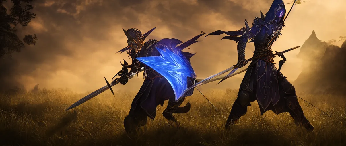 Prompt: a armored night elf hunter casting magic arrows sword lord dramatic lighting cinematic establishing shot extremely high detail foto realistic cinematic lighting post processed